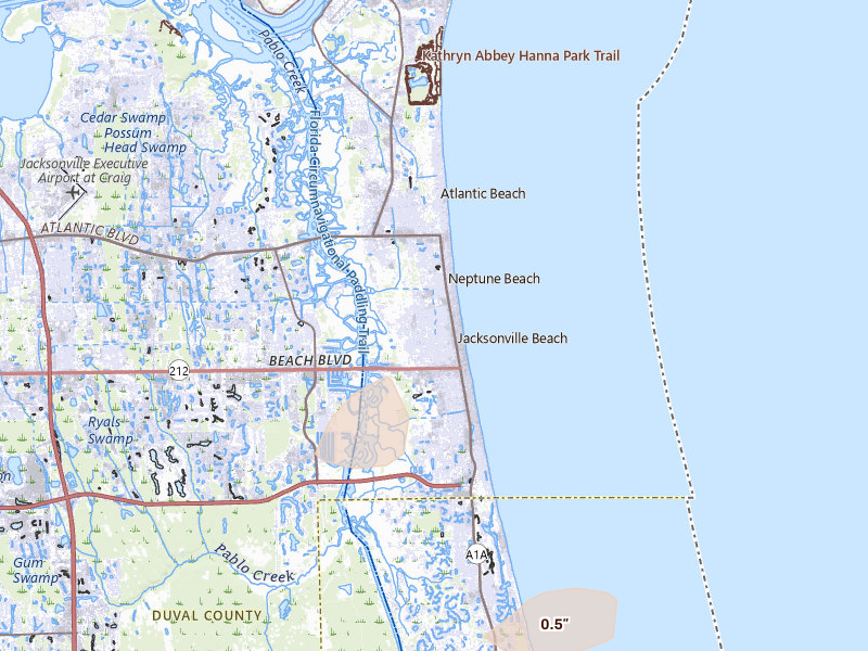 Radar-estimated hail-size map of the storm over Jacksonville Beach, FL on Aug 25, 2026