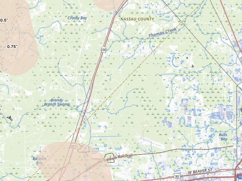 Radar-estimated hail-size map of the storm over Jacksonville, FL on Jun 25, 2026