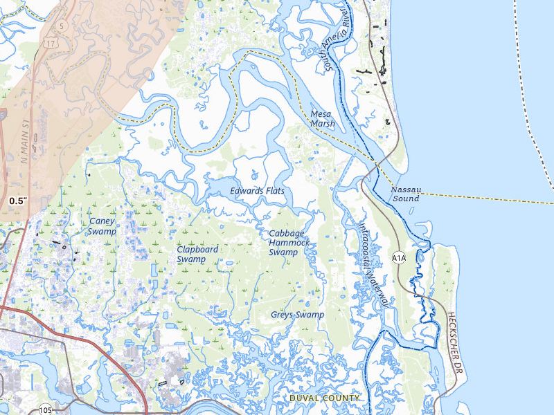Radar-estimated hail-size map of the storm over Jacksonville, FL on Jul 5, 2026