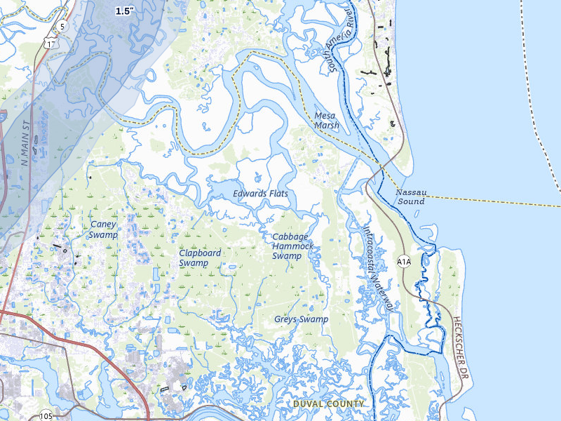 NEXRAD radar-signature map of the hail storm over Jacksonville, FL on Jul 5, 2026