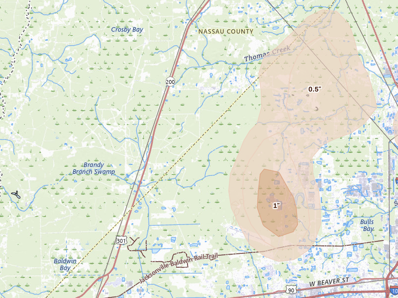 Radar-estimated hail-size map of the storm over Jacksonville, FL on Jul 11, 2026
