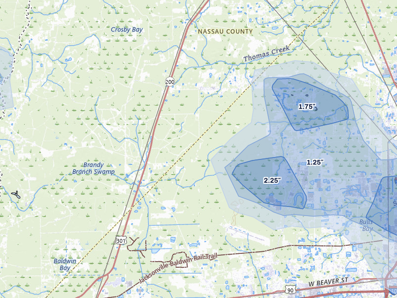NEXRAD radar-signature map of the hail storm over Jacksonville, FL on Jul 11, 2026