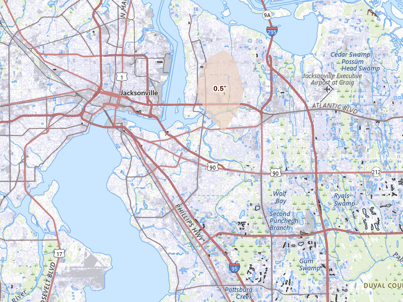 Radar-estimated hail-size map of the storm over Jacksonville, FL on Jul 20, 2026