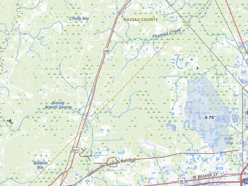 NEXRAD radar-signature map of the hail storm over Jacksonville, FL on Jul 25, 2026