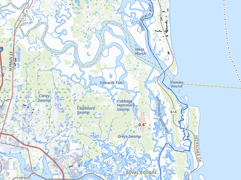 Radar-estimated hail-size map of the storm over Jacksonville, FL on Jul 28, 2026