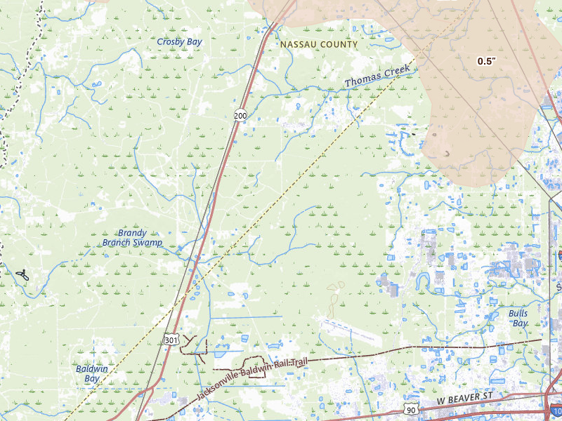 Radar-estimated hail-size map of the storm over Jacksonville, FL on Jul 29, 2026