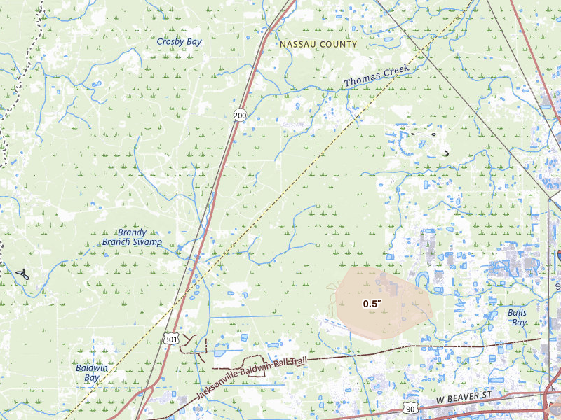 Radar-estimated hail-size map of the storm over Jacksonville, FL on Jul 30, 2026