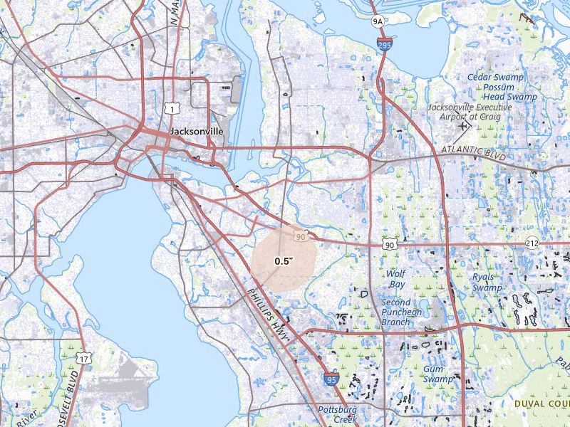 Radar-estimated hail-size map of the storm over Jacksonville, FL on Aug 4, 2026