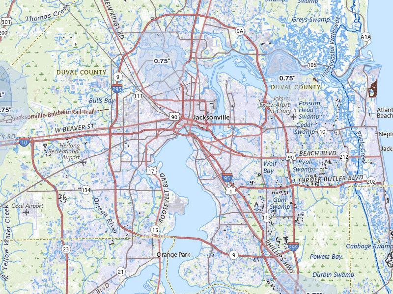 NEXRAD radar-signature map of the hail storm over Jacksonville, FL on Aug 10, 2026