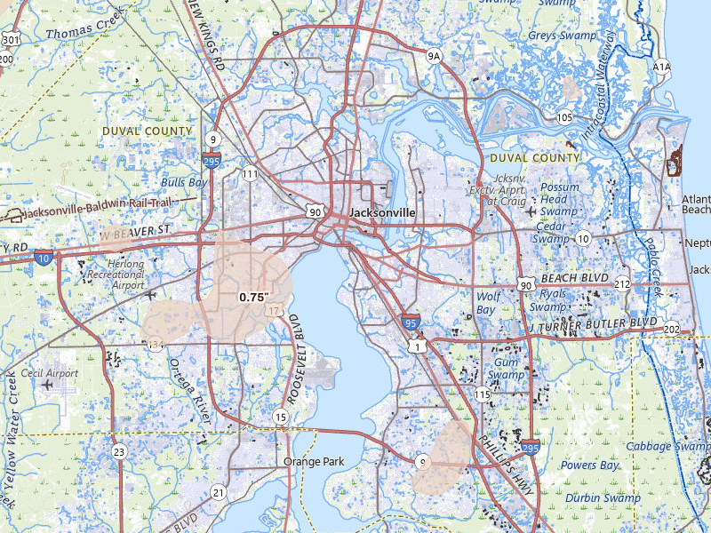 Radar-estimated hail-size map of the storm over Jacksonville, FL on Aug 12, 2026