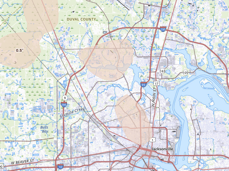 Radar-estimated hail-size map of the storm over Jacksonville, FL on Aug 13, 2026