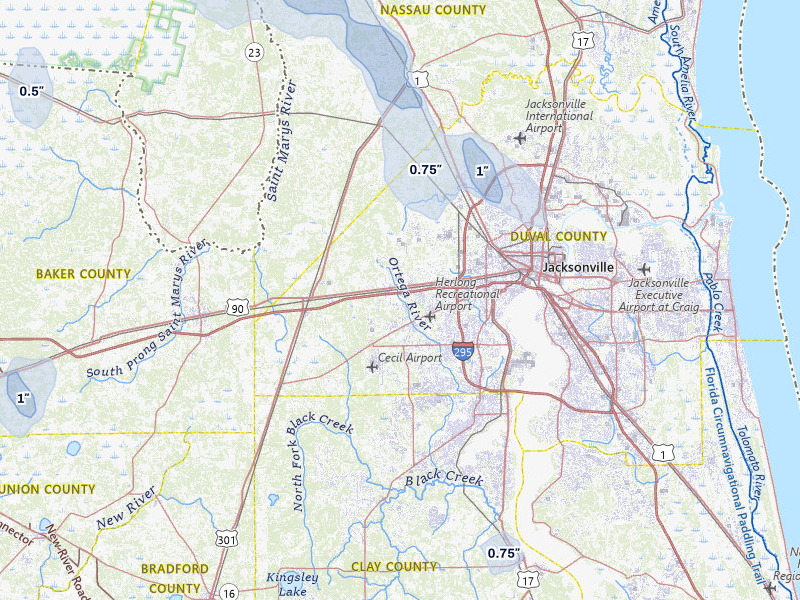 NEXRAD radar-signature map of the hail storm over Jacksonville, FL on Aug 13, 2026