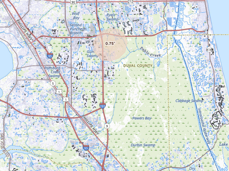 Radar-estimated hail-size map of the storm over Jacksonville, FL on Aug 14, 2026
