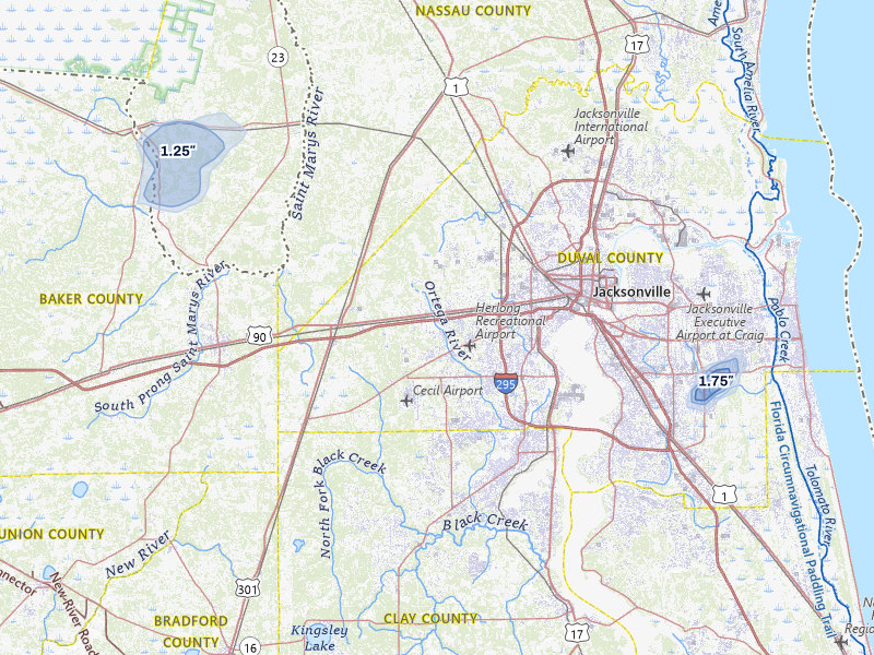 NEXRAD radar-signature map of the hail storm over Jacksonville, FL on Aug 14, 2026