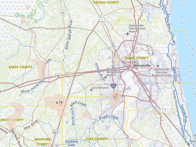 Radar-estimated hail-size map of the storm over Jacksonville, FL on Aug 18, 2026