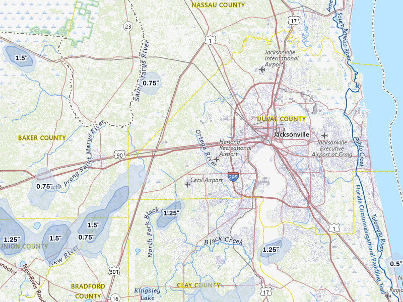 NEXRAD radar-signature map of the hail storm over Jacksonville, FL on Aug 19, 2026