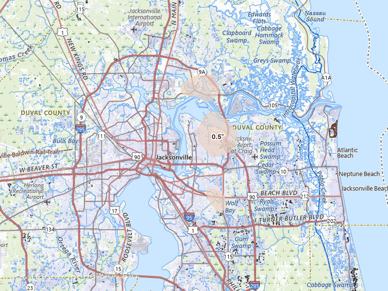 Radar-estimated hail-size map of the storm over Jacksonville, FL on Aug 20, 2026