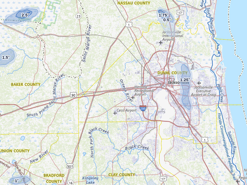 NEXRAD radar-signature map of the hail storm over Jacksonville, FL on Aug 20, 2026