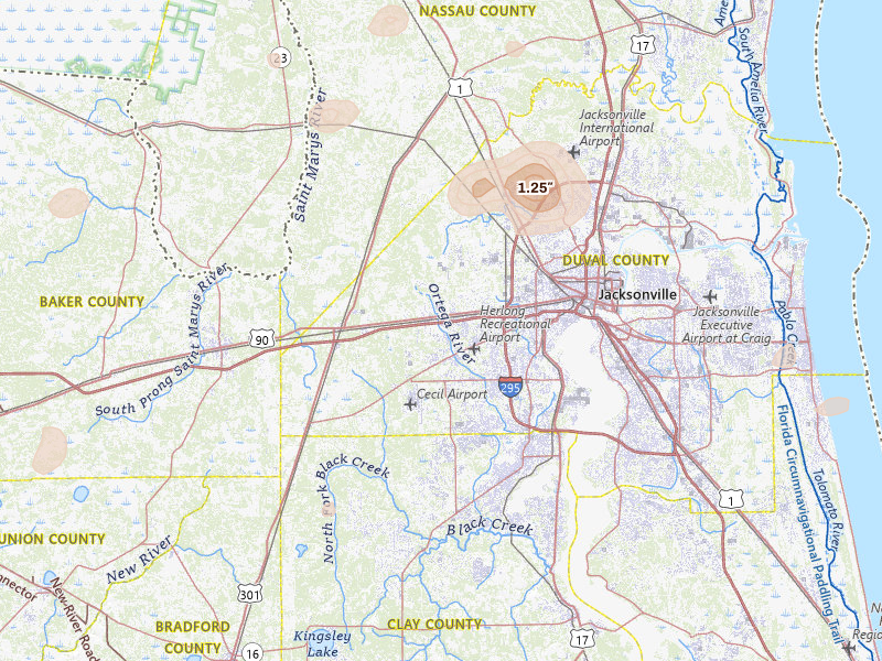 Radar-estimated hail-size map of the storm over Jacksonville, FL on Aug 25, 2026