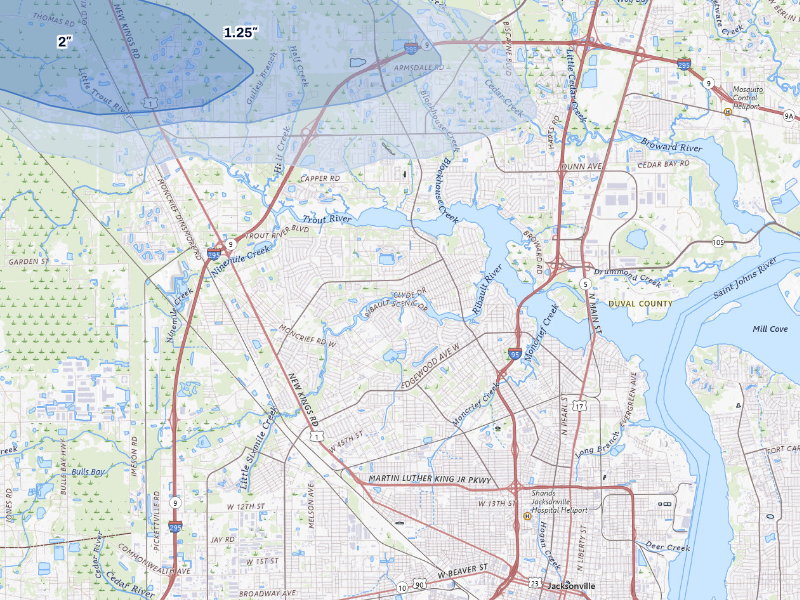 NEXRAD radar-signature map of the hail storm over Jacksonville, FL on Aug 25, 2026