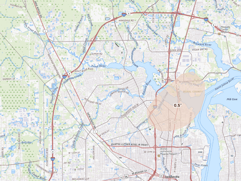 Radar-estimated hail-size map of the storm over Jacksonville, FL