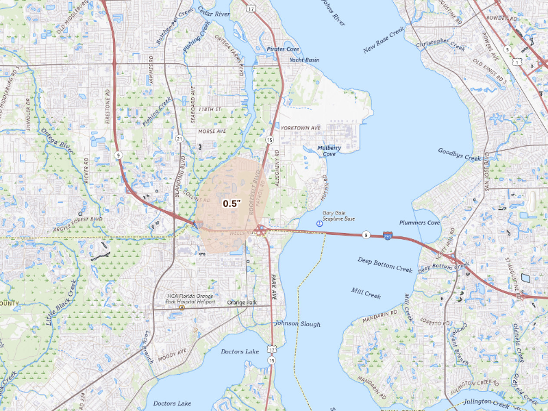 Radar-estimated hail-size map of the storm over Jacksonville, FL