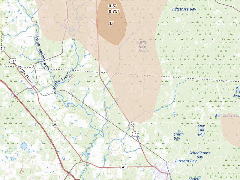 Radar-estimated hail-size map of the storm over Jasper, FL on May 17, 2026