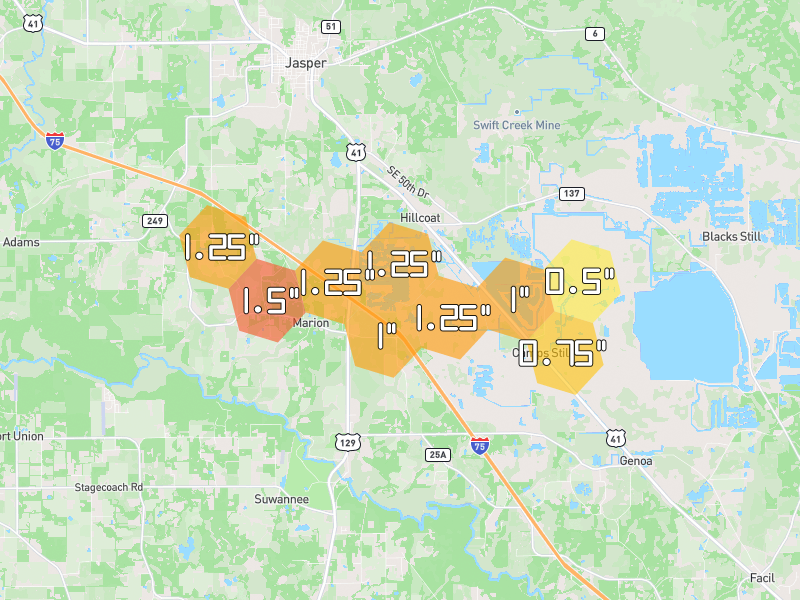 Hail map of Jasper, FL on Jul 29, 2026, hail up to 1.5"
