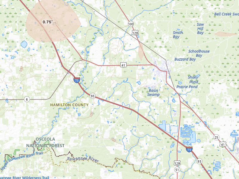 Radar-estimated hail-size map of the storm over Jasper, FL on Aug 12, 2026