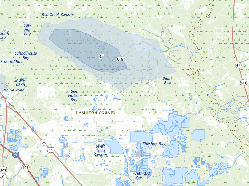 NEXRAD radar-signature map of the hail storm over Jasper, FL on Aug 12, 2026