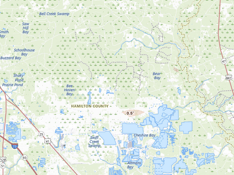 Radar-estimated hail-size map of the storm over Jasper, FL on Aug 13, 2026