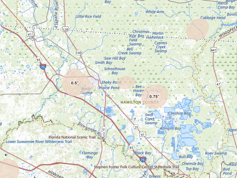 Radar-estimated hail-size map of the storm over Jasper, FL on Aug 24, 2026