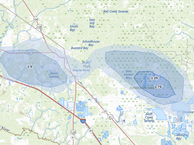 NEXRAD radar-signature map of the hail storm over Jasper, FL on Aug 24, 2026