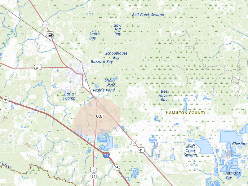 Radar-estimated hail-size map of the storm over Jasper, FL on Aug 25, 2026