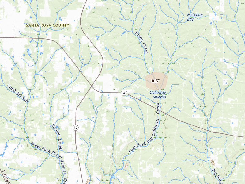 Radar-estimated hail-size map of the storm over Jay, FL on Jun 1, 2026