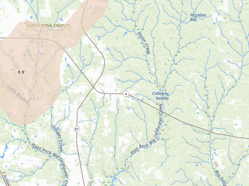 Radar-estimated hail-size map of the storm over Jay, FL on Jun 30, 2026