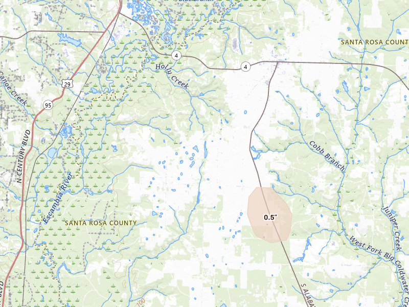 Radar-estimated hail-size map of the storm over Jay, FL on Aug 8, 2026