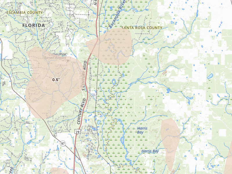 Radar-estimated hail-size map of the storm over Jay, FL on Aug 17, 2026