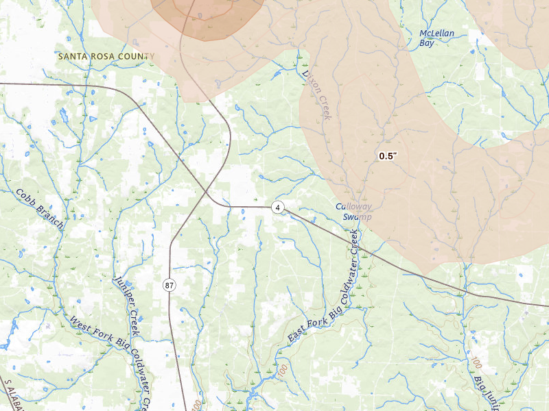 Radar-estimated hail-size map of the storm over Jay, FL on Aug 18, 2026
