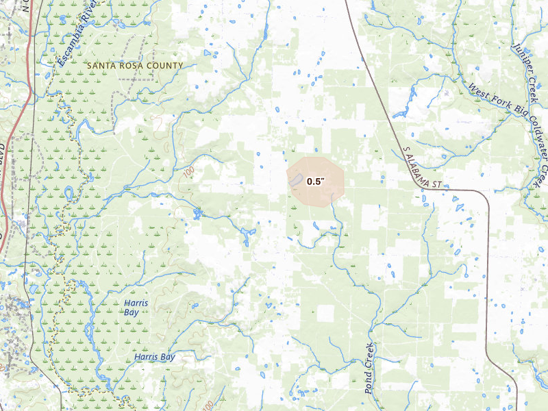 Radar-estimated hail-size map of the storm over Jay, FL on Aug 19, 2026