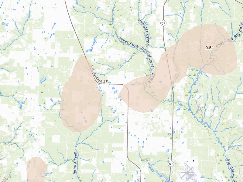 Radar-estimated hail-size map of the storm over Jay, FL on Aug 21, 2026