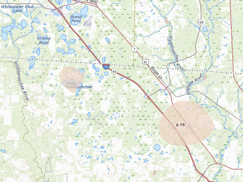 Radar-estimated hail-size map of the storm over Jennings, FL on Aug 12, 2026