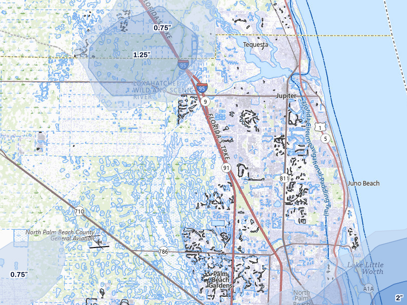 NEXRAD radar-signature map of the hail storm over Jupiter, FL on Mar 16, 2026