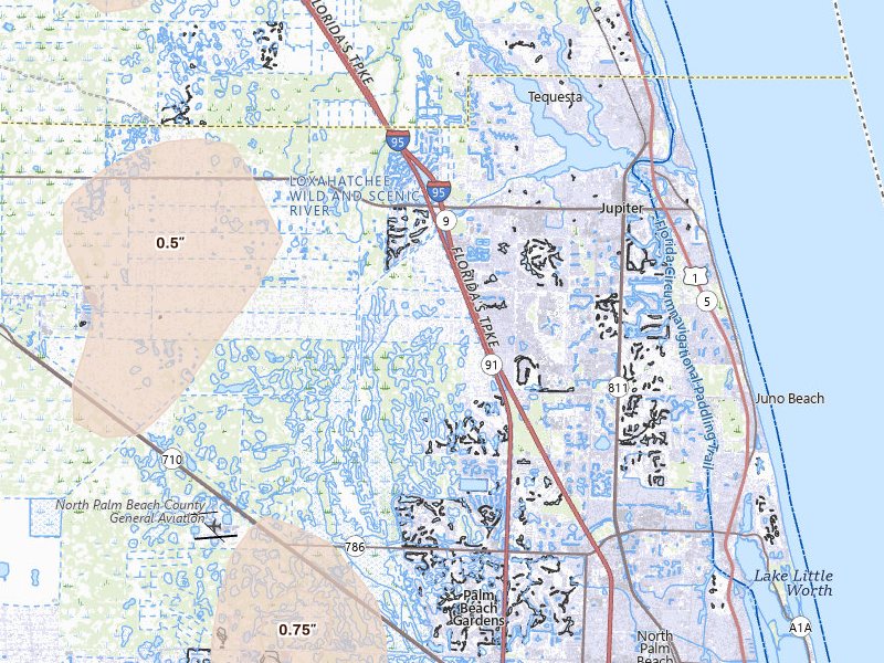 Radar-estimated hail-size map of the storm over Jupiter, FL on Jun 20, 2026