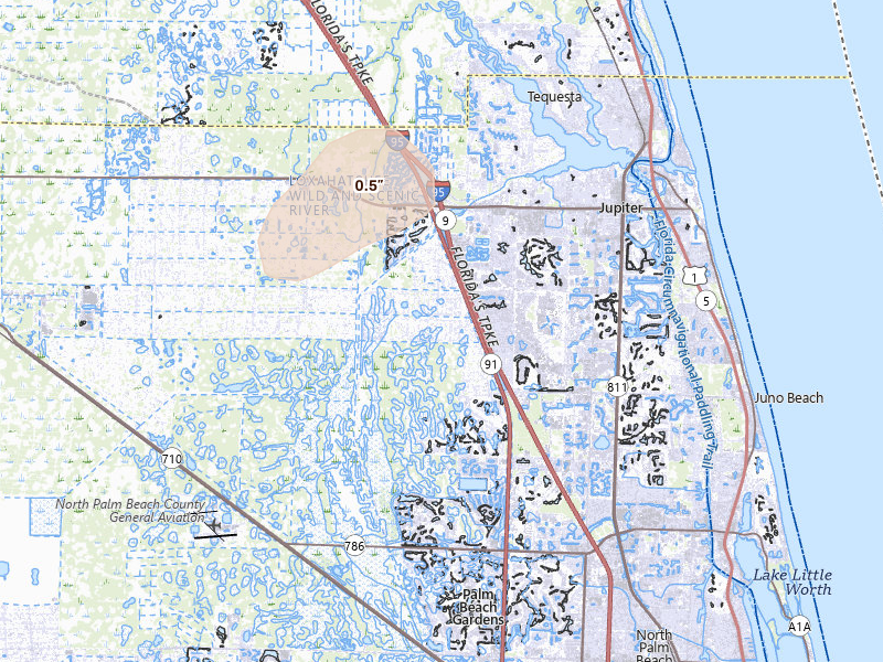 Radar-estimated hail-size map of the storm over Jupiter, FL