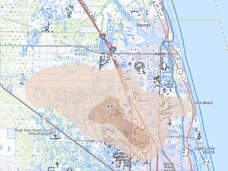 Radar-estimated hail-size map of the storm over Jupiter, FL on Aug 23, 2026