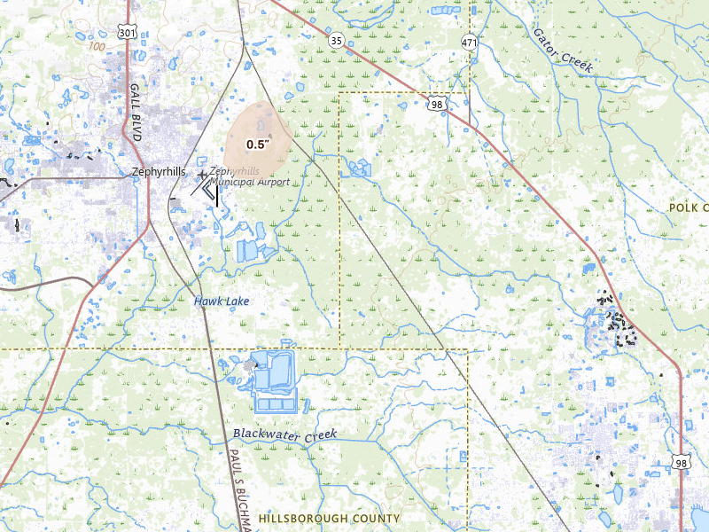 Radar-estimated hail-size map of the storm over Kathleen, FL on May 16, 2026