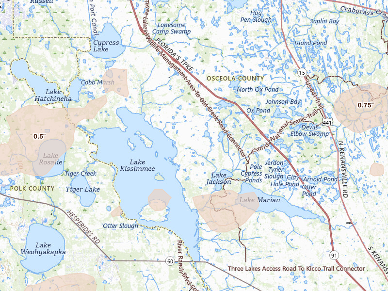 Radar-estimated hail-size map of the storm over Kenansville, FL on Jun 19, 2026