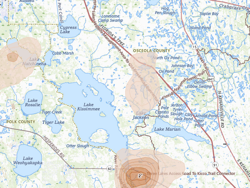 Radar-estimated hail-size map of the storm over Kenansville, FL on Jun 22, 2026