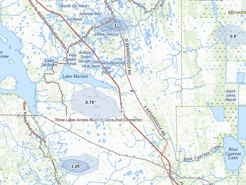 NEXRAD radar-signature map of the hail storm over Kenansville, FL on Jul 5, 2026